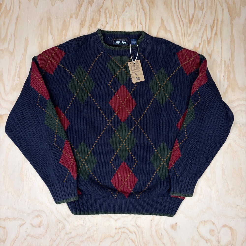 Woods & Gray Mens Argyle Sweater Navy Blue Red Green Cotton Knit Pullover Large